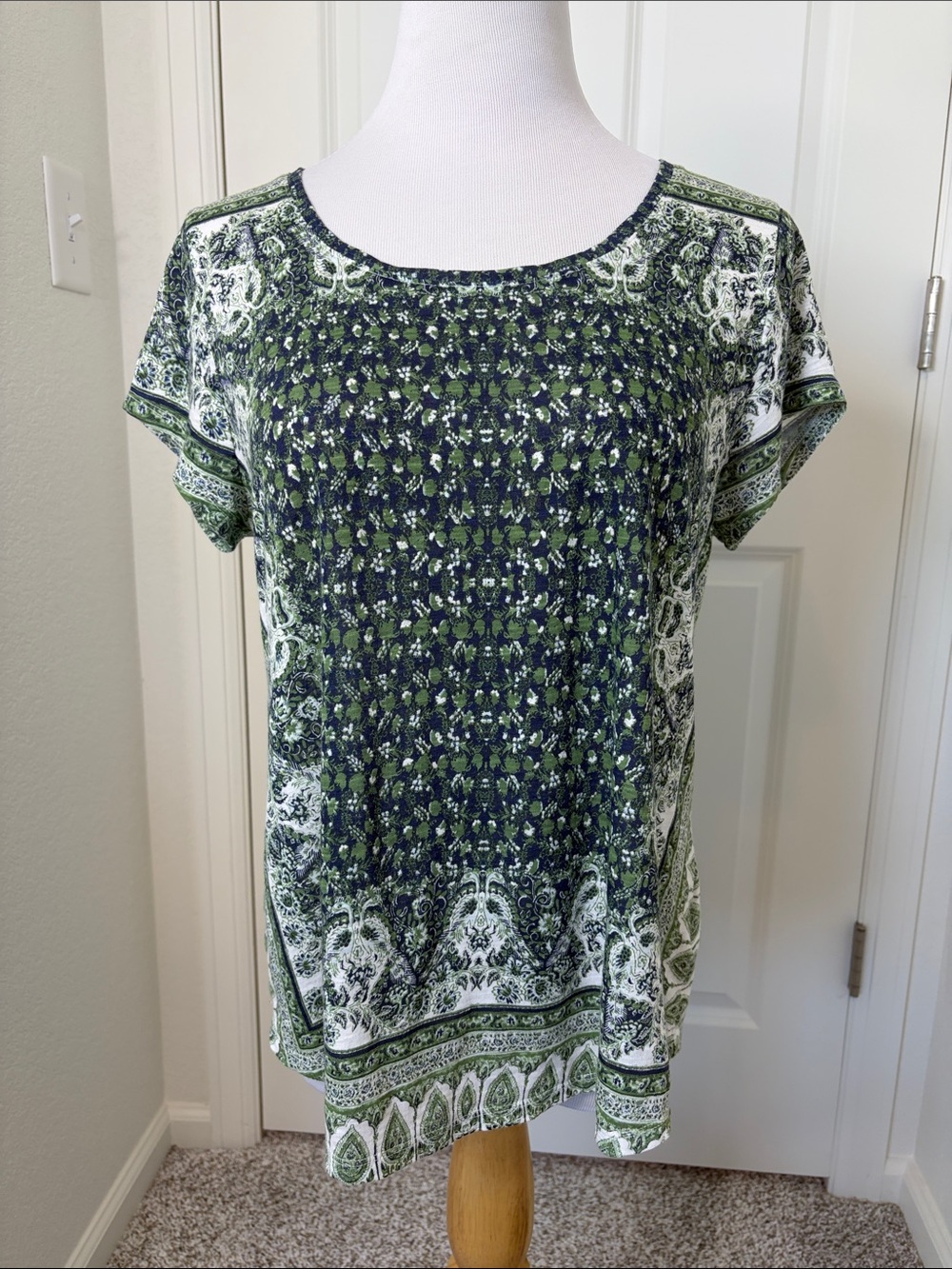 Lucky Brand Green Navy Paisley Border Print Tunic Top Large